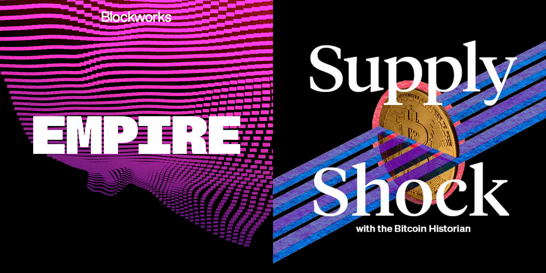 A split-screen graphic with the left side featuring pink and purple 3D blocky wave patterns and the words 'Blockworks EMPIRE' in bold white text. The right side shows a gold Bitcoin coin with blue and purple diagonal lines, and the words 'Supply Shock' in large white font, with a subtitle 'with the Bitcoin Historian'.