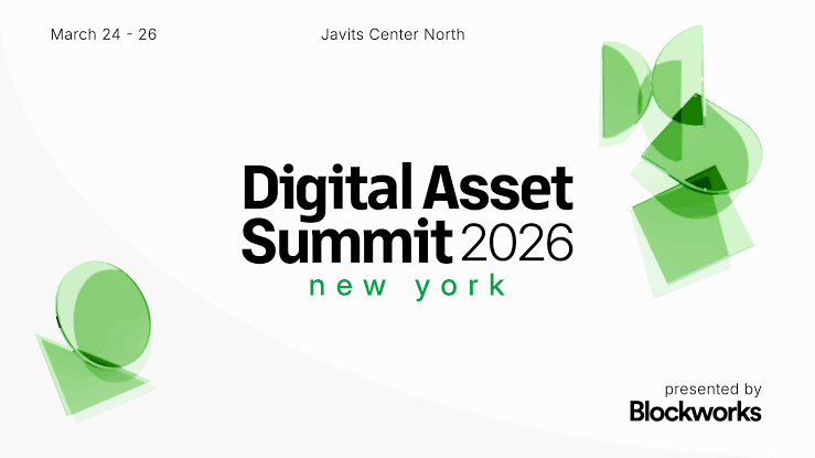Flyer for Digital Asset Summit 2026 in New York, taking place March 24-26 at Javits Center North, presented by Blockworks, with green abstract shapes and bold black text.