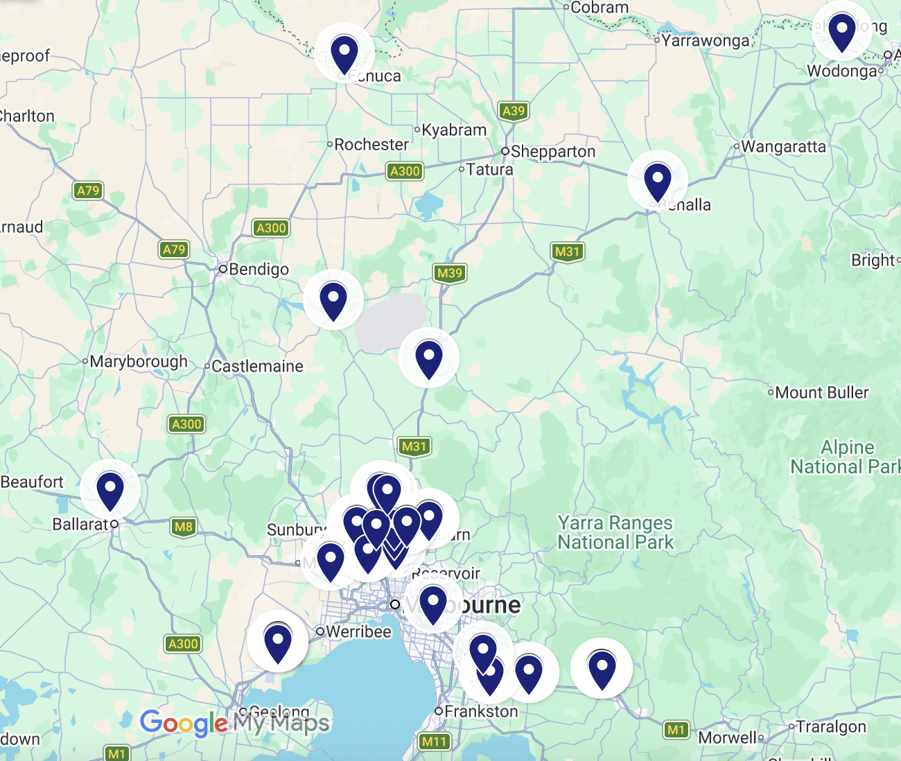 Map of Melbourne, Australia with multiple location markers.