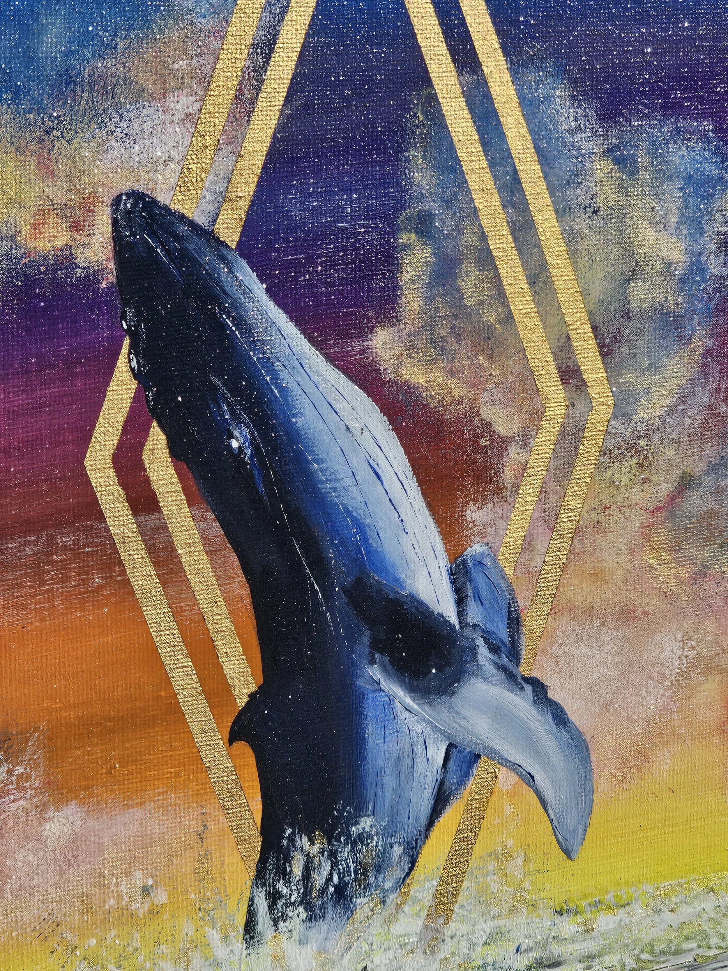 Peinture représentant un océan coloré avec une baleine, "Silence". Elaura Donnadieu, graphiste, illustratrice et artiste peintre. Photo prise sur la plage