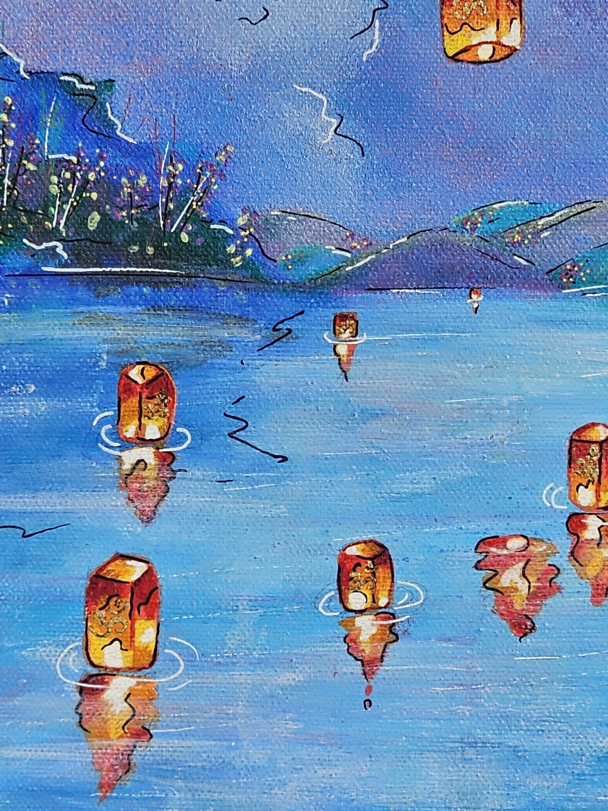 Une peinture représentant un lac de montagne avec des lanternes volantes dans le ciel et le Caladrius, oiseau légendaire. "Caladrius". Elaura Donnadieu, graphiste, illustratrice et artiste peintre.
