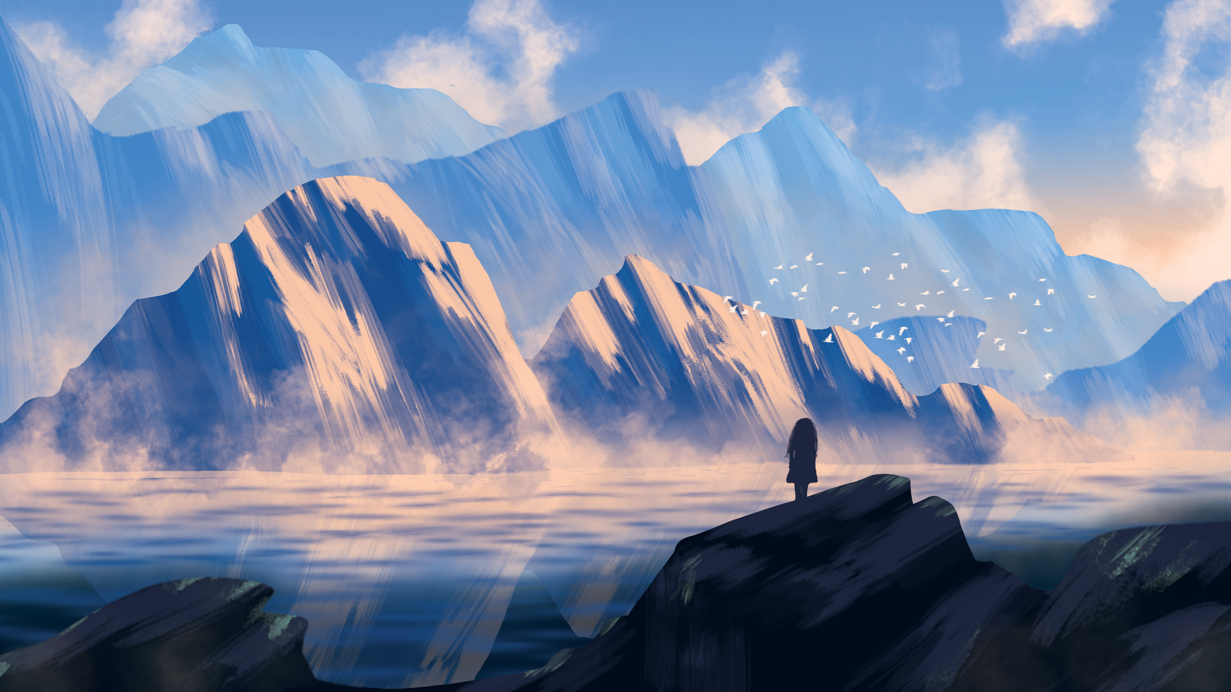 Elaura Donnadieu, graphiste, illustratrice et artiste peintre. Illustration paysage montagne et lac.