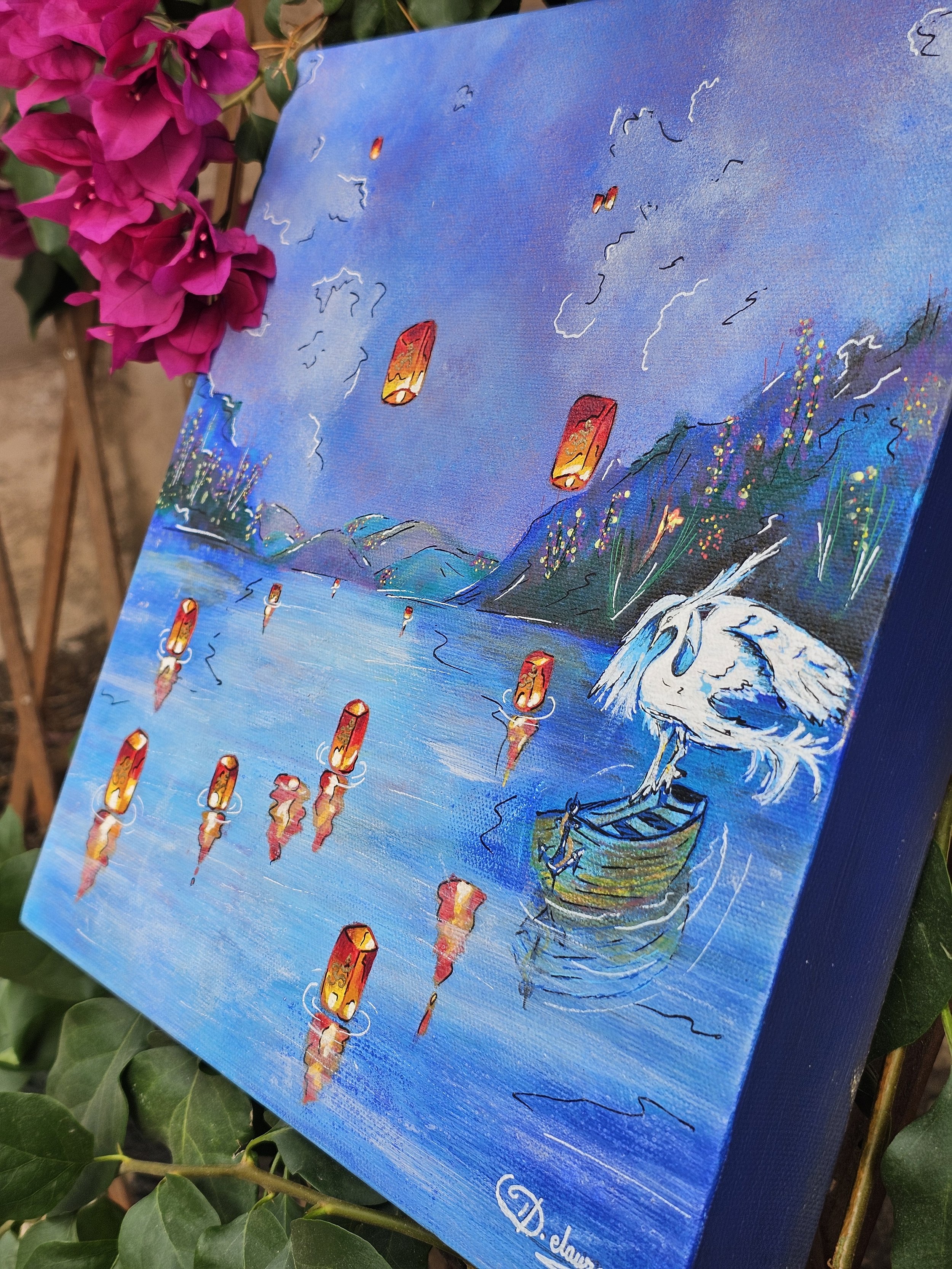 Une peinture représentant un lac de montagne avec des lanternes volantes dans le ciel et le Caladrius, oiseau légendaire. "Caladrius". Elaura Donnadieu, graphiste, illustratrice et artiste peintre.
