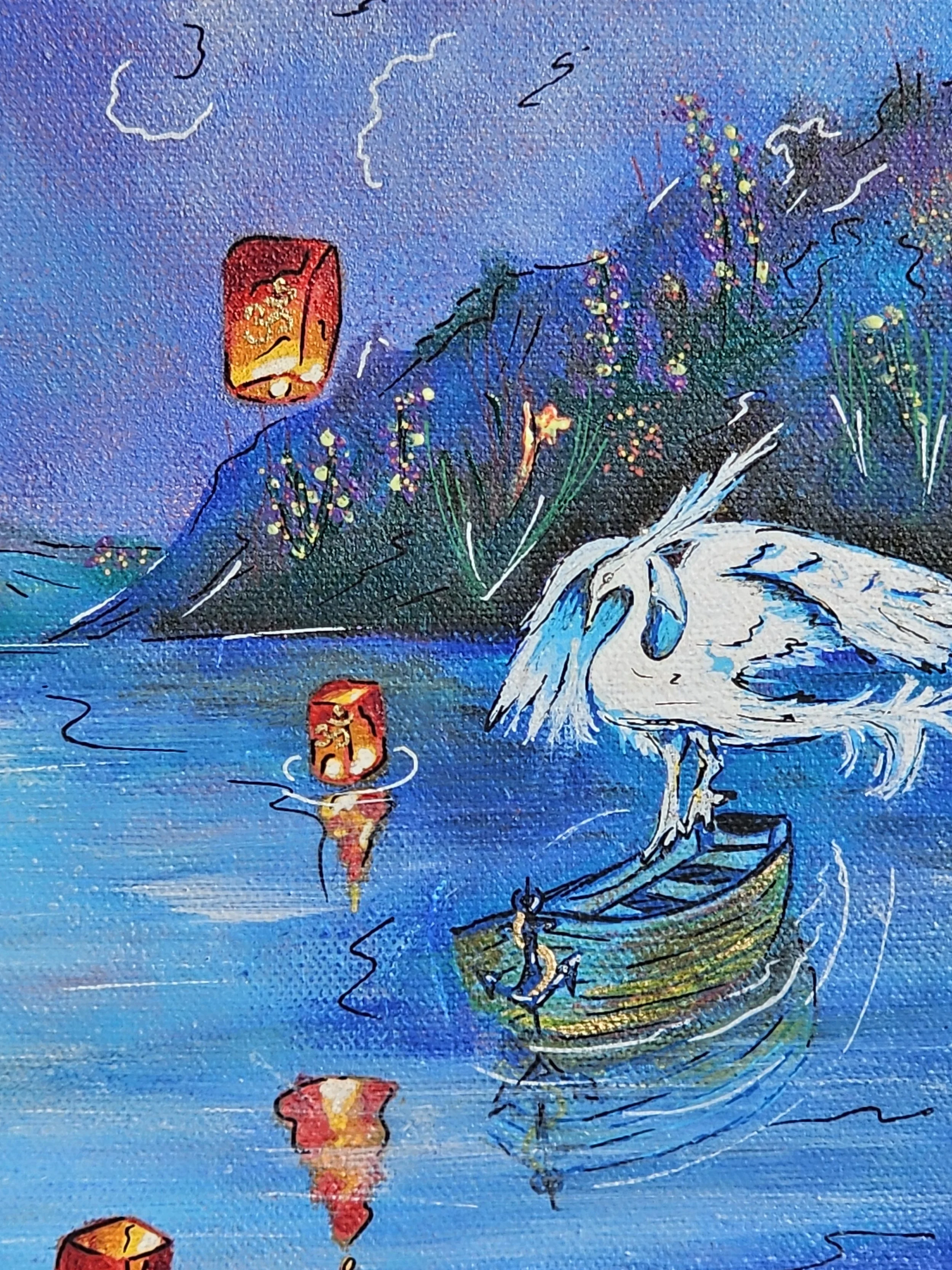 Une peinture représentant un lac de montagne avec des lanternes volantes dans le ciel et le Caladrius, oiseau légendaire. "Caladrius". Elaura Donnadieu, graphiste, illustratrice et artiste peintre.