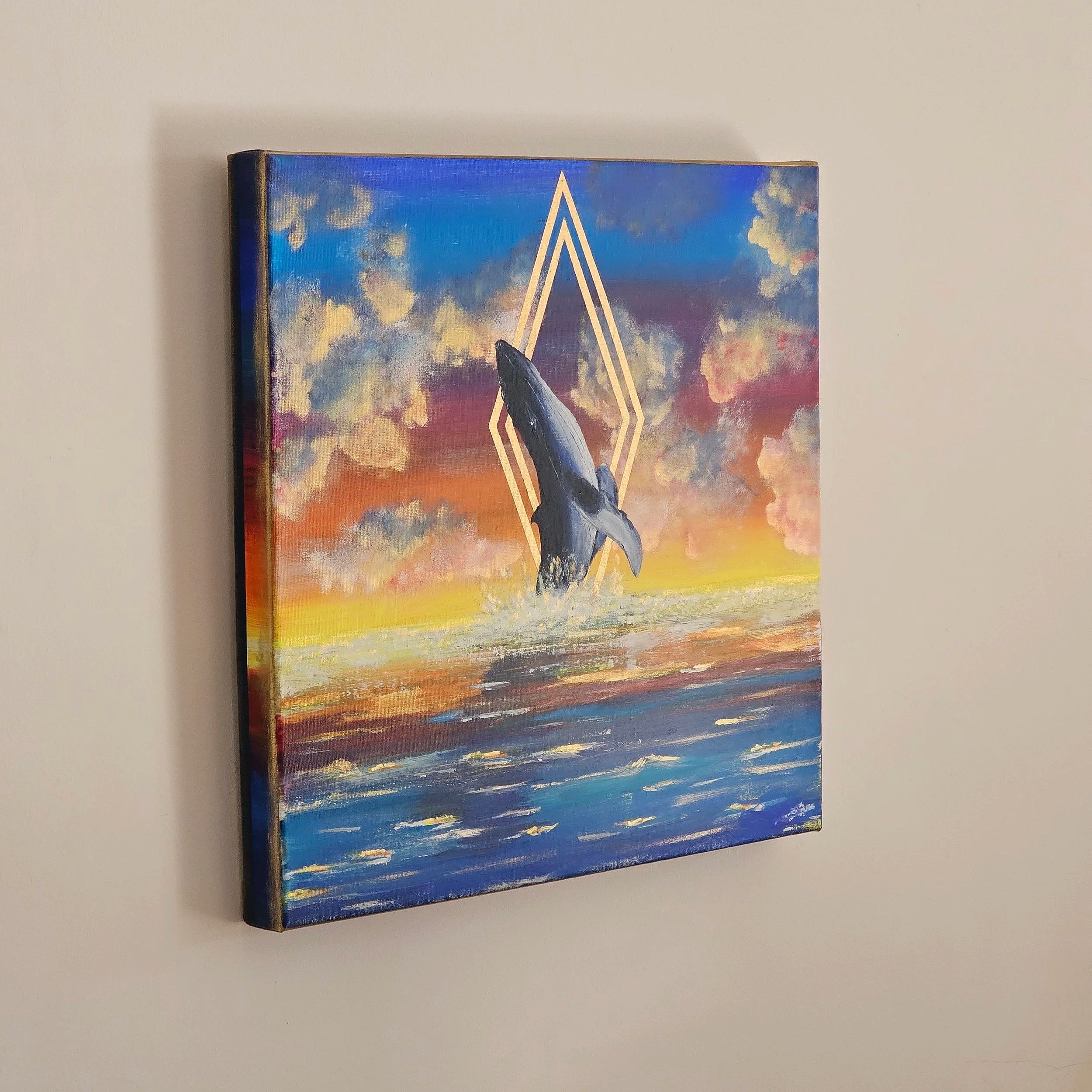 Peinture représentant un océan coloré avec une baleine, "Silence". Elaura Donnadieu, graphiste, illustratrice et artiste peintre.