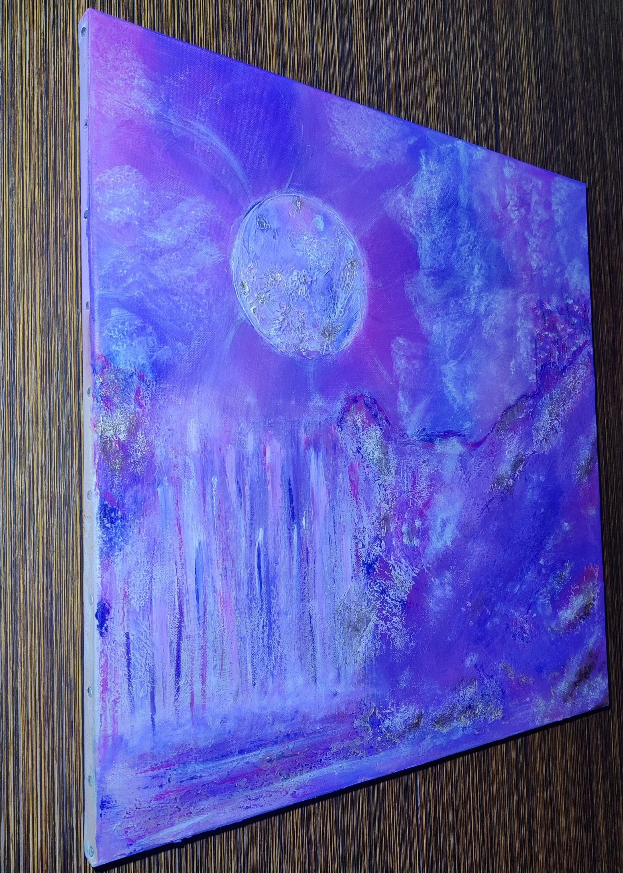 Une peinture abstraite avec une représentation d'une lune à gauche et un paysage montagneux à droite, "Ouvert au monde". Elaura Donnadieu, graphiste, illustratrice et artiste peintre.