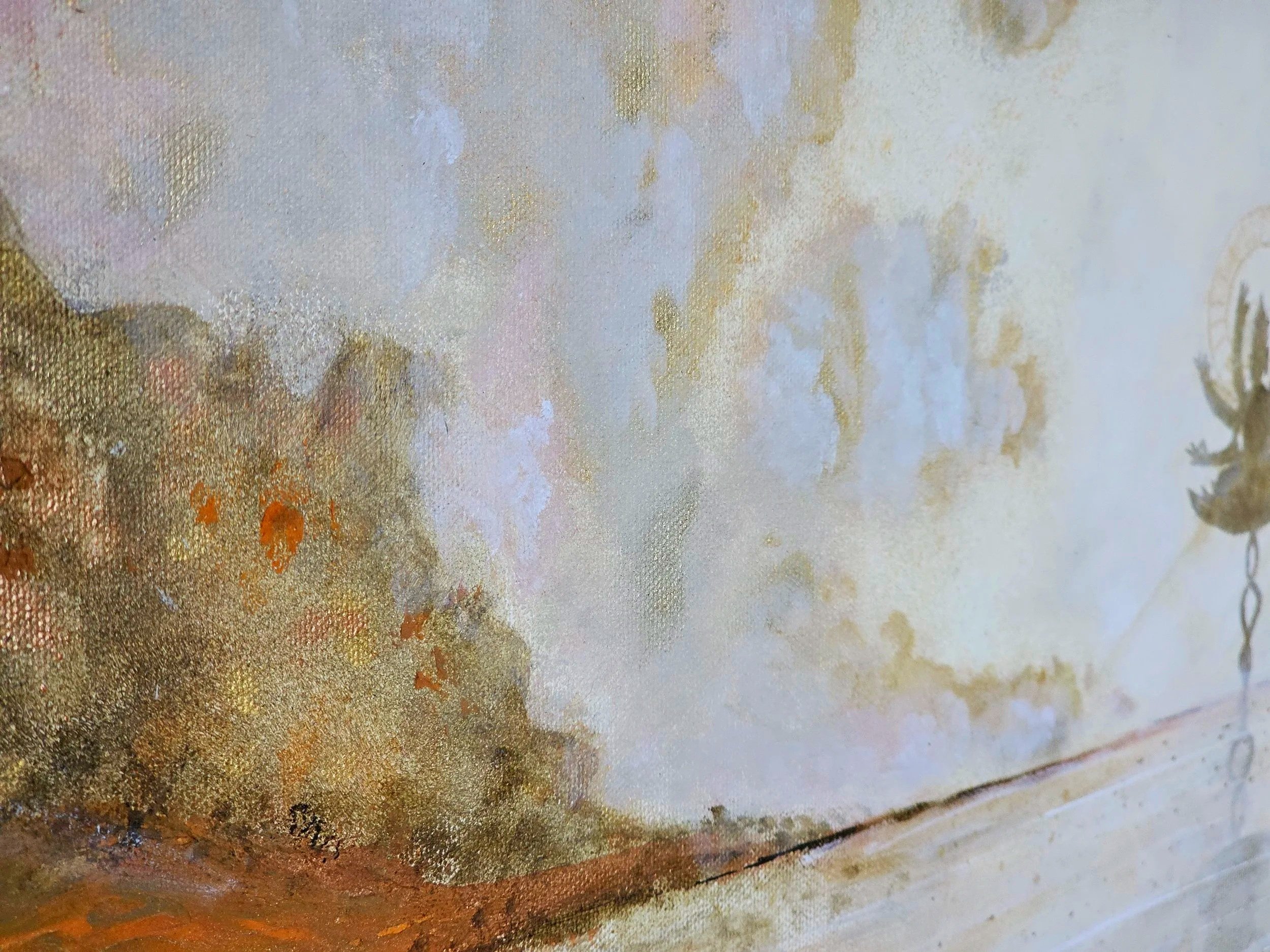 Peinture abstraite avec des tonalités de beige, représentant Chenrezig, la compassion, om mani padme hum. "L'âme de la compassion". Elaura Donnadieu, graphiste, illustratrice et artiste peintre.