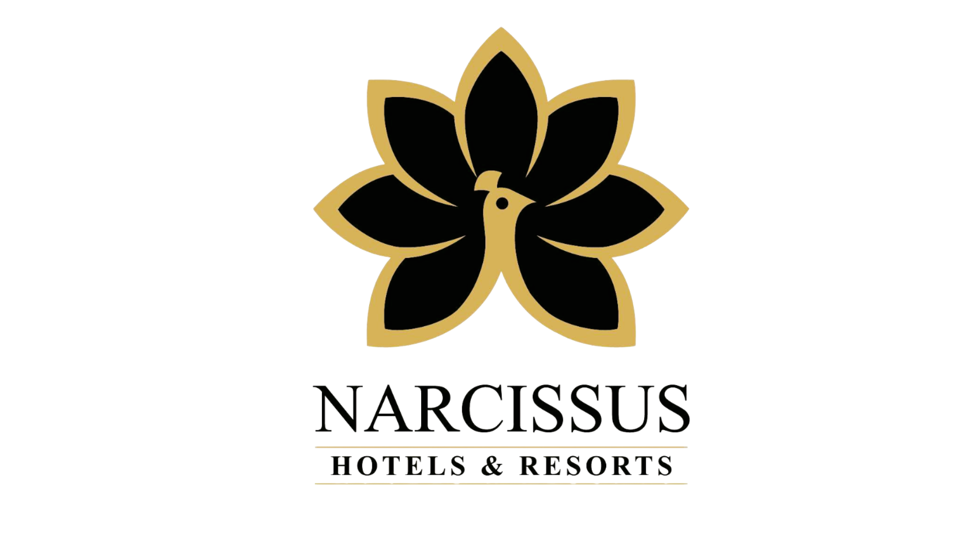 Logo of Narcissus Hotel & Spa, featuring a stylized black and gold lotus flower with a small bird in the center.