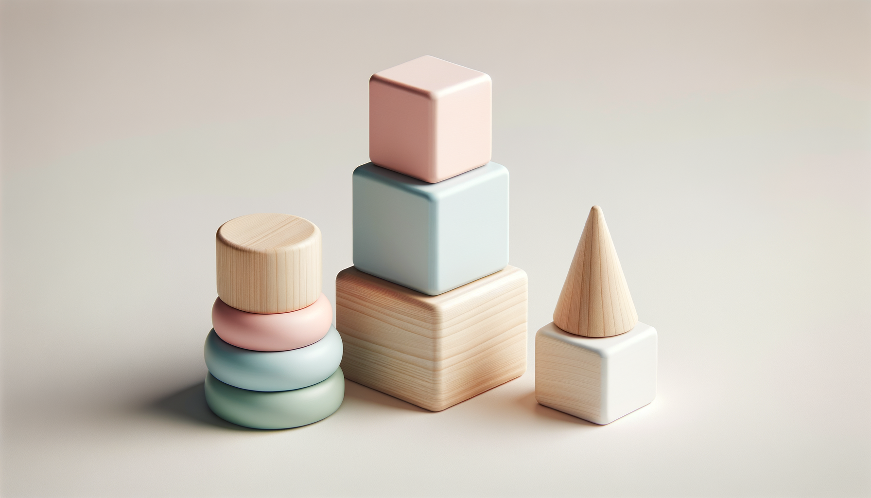 Stacked pastel-colored wooden and ceramic blocks with different shapes on a plain background.