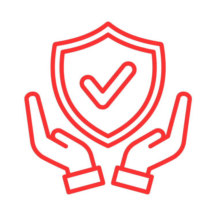 Two hands holding a shield with a checkmark inside.