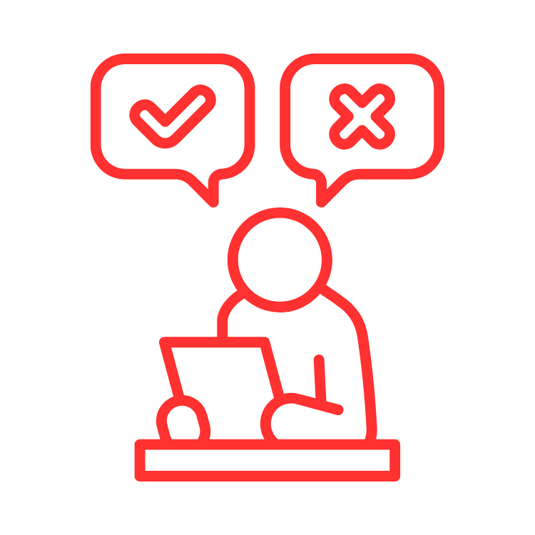 A person sitting at a desk with a laptop, with two speech bubbles above. One speech bubble has a checkmark, and the other has an X.