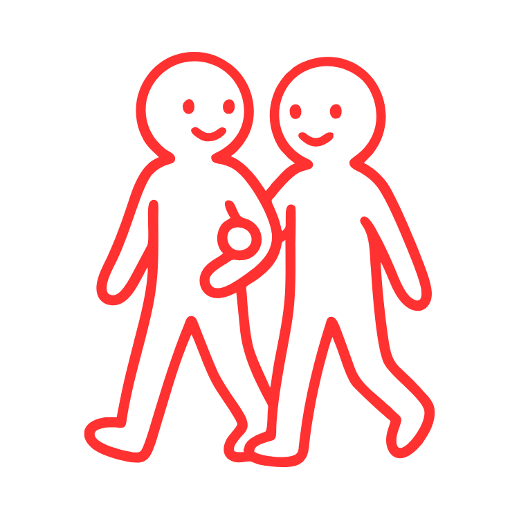 Two smiling stick figures holding hands, drawn with red outline.