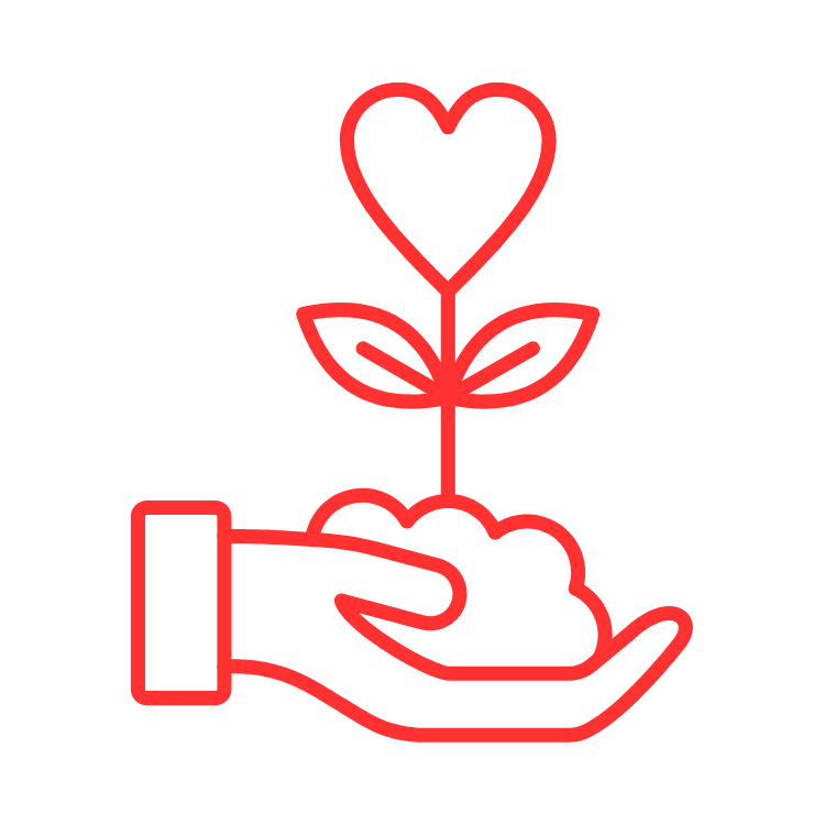 A red line drawing of a hand holding a small mound of soil with a sprouting plant that has heart-shaped leaves, symbolizing care and love for nature or growth.