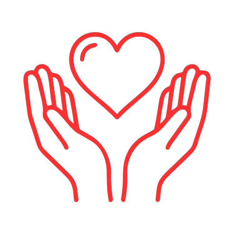 Two hands holding a heart drawn in red outline.