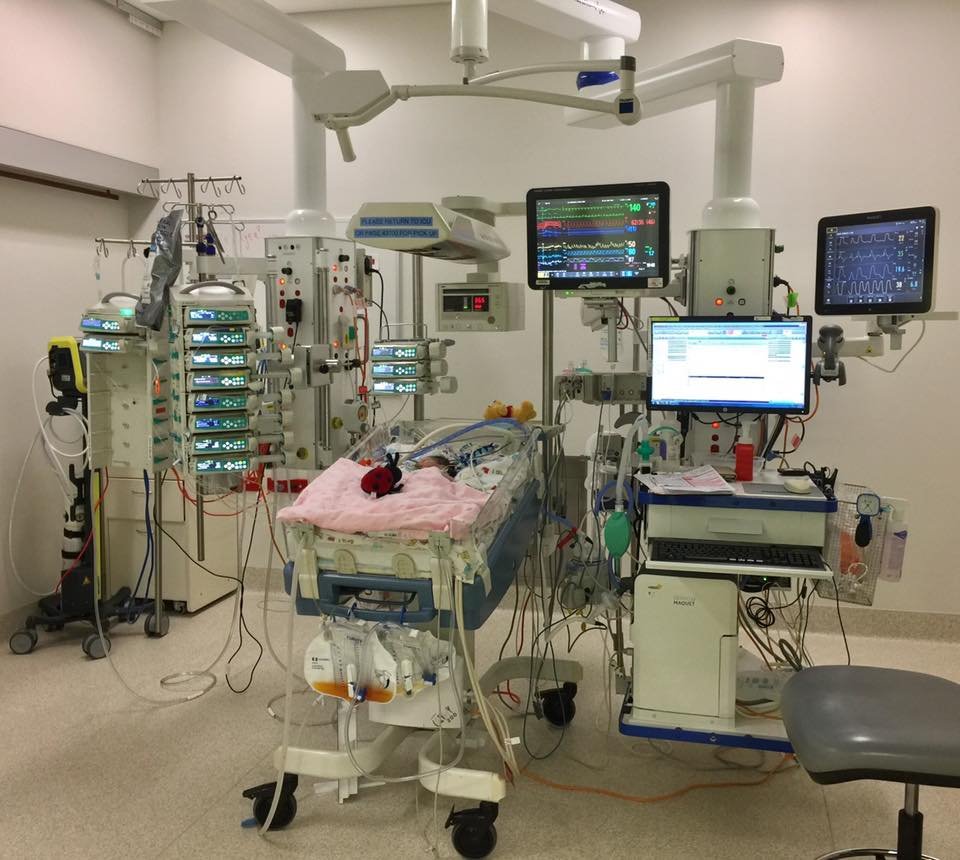 Medical intensive care unit with ventilators, monitors, and a Shyna in an baby bed with her ladybug watching over her