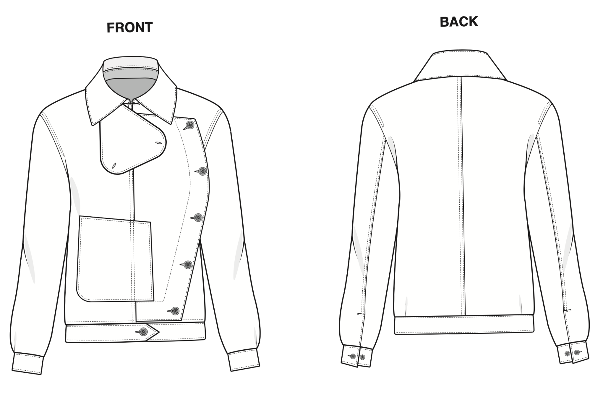 A black and white technical sewing pattern drawing of a jacket, showing front and back views. The front has a large collar, asymmetric button closure, a large pocket, and side seam details. The back features a yoke and a straight hem.