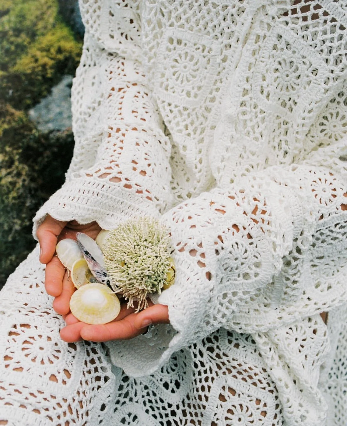 Person wearing a white lacy crochet top holding a collection of seashells and a decorative flower or coral, with greenery in the background.
