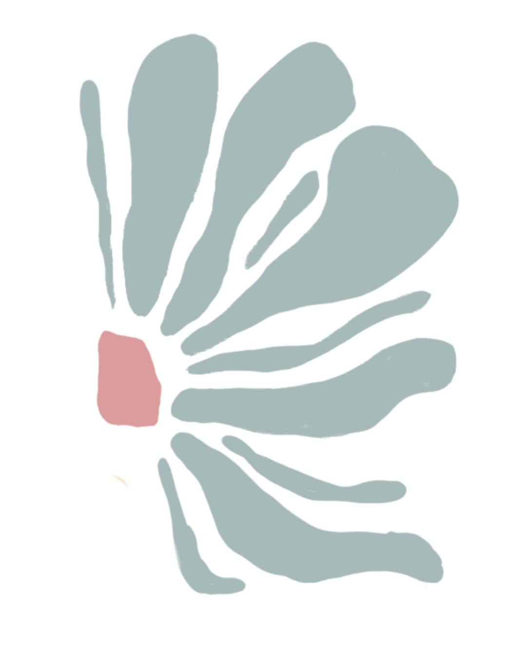 Illustration of a scattered pink heart and blue watercolor-style leaves arranged around it.
