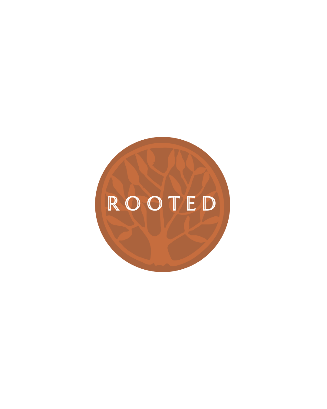 Logo of a brick-colored tree inside a circle with the word 'ROOTED' across it, on a black background.