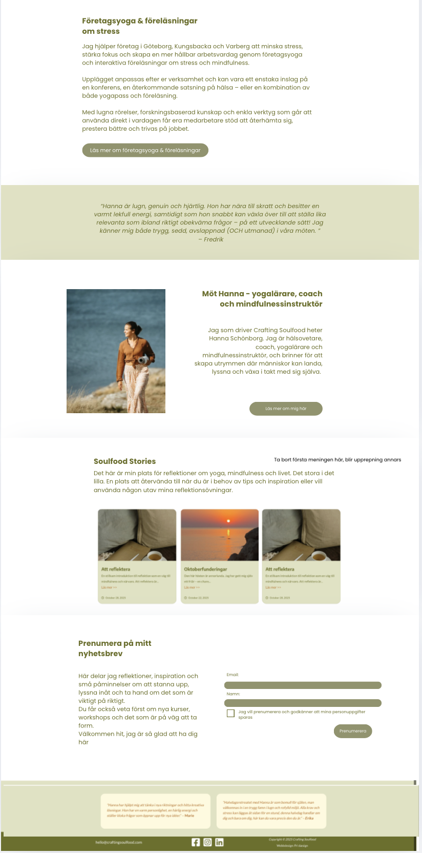 A webpage in Swedish about stress management through yoga, mindfulness, and coaching, featuring a woman walking on the beach holding a yoga mat, with green accents and text sections.