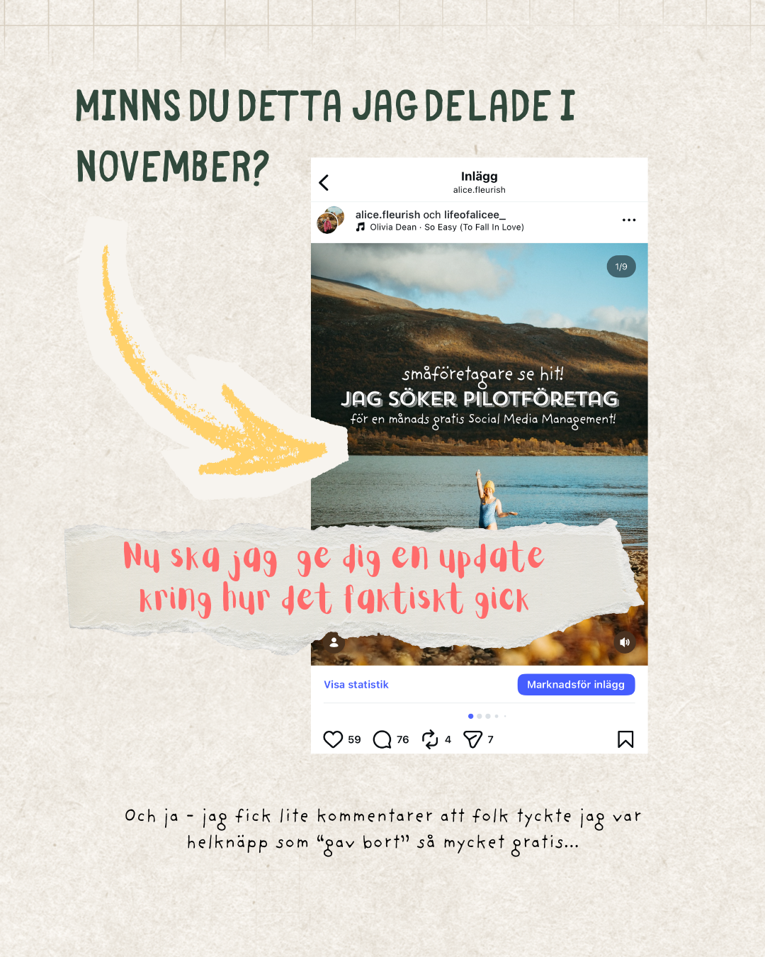 A social media post about searching for pilot companies, with a background photo of a woman swimming in a lake near mountains. Handwritten and typed notes in Swedish discuss sharing updates about the month of November and receiving free comments.
