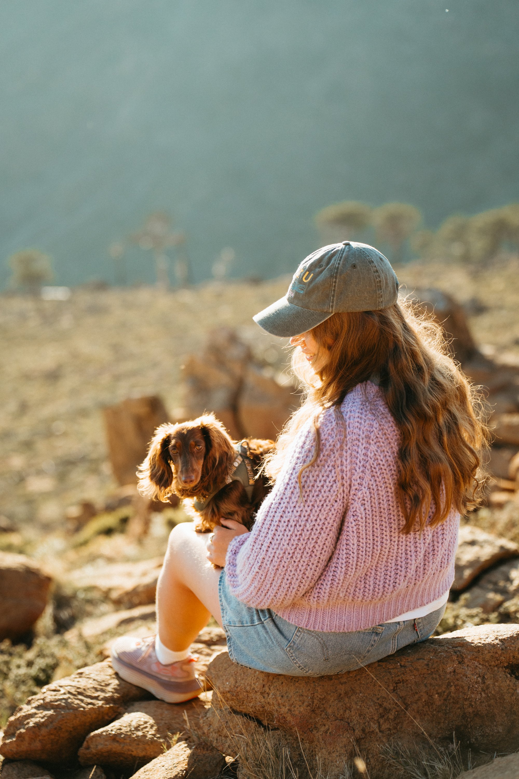 A woman sitting on a rock holding a brown long-haired dog outdoors in a mountainous landscape during daylight.