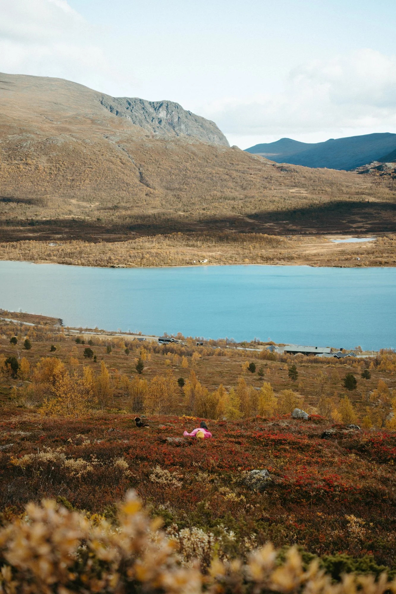A scenic landscape featuring a foreground with colorful autumn foliage, a middle ground with a calm blue lake, and a background of mountains under a partly cloudy sky.