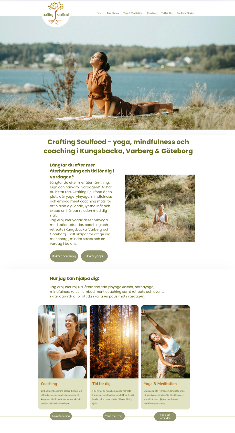 Webpage for Crafting Soulfood featuring yoga, mindfulness, and coaching in Kungsbacka, Varberg, & Göteborg, with images of women practicing yoga outdoors, a forest, and a woman smiling in a coaching session.