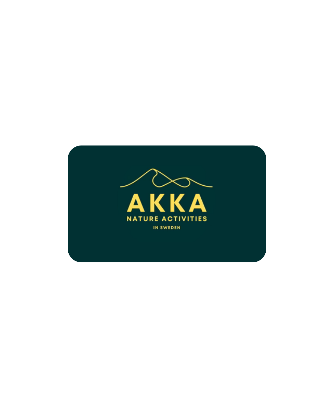 Black box with yellow and green text displaying 'AKKA Nature Activities in Sweden' and a mountain line drawing.