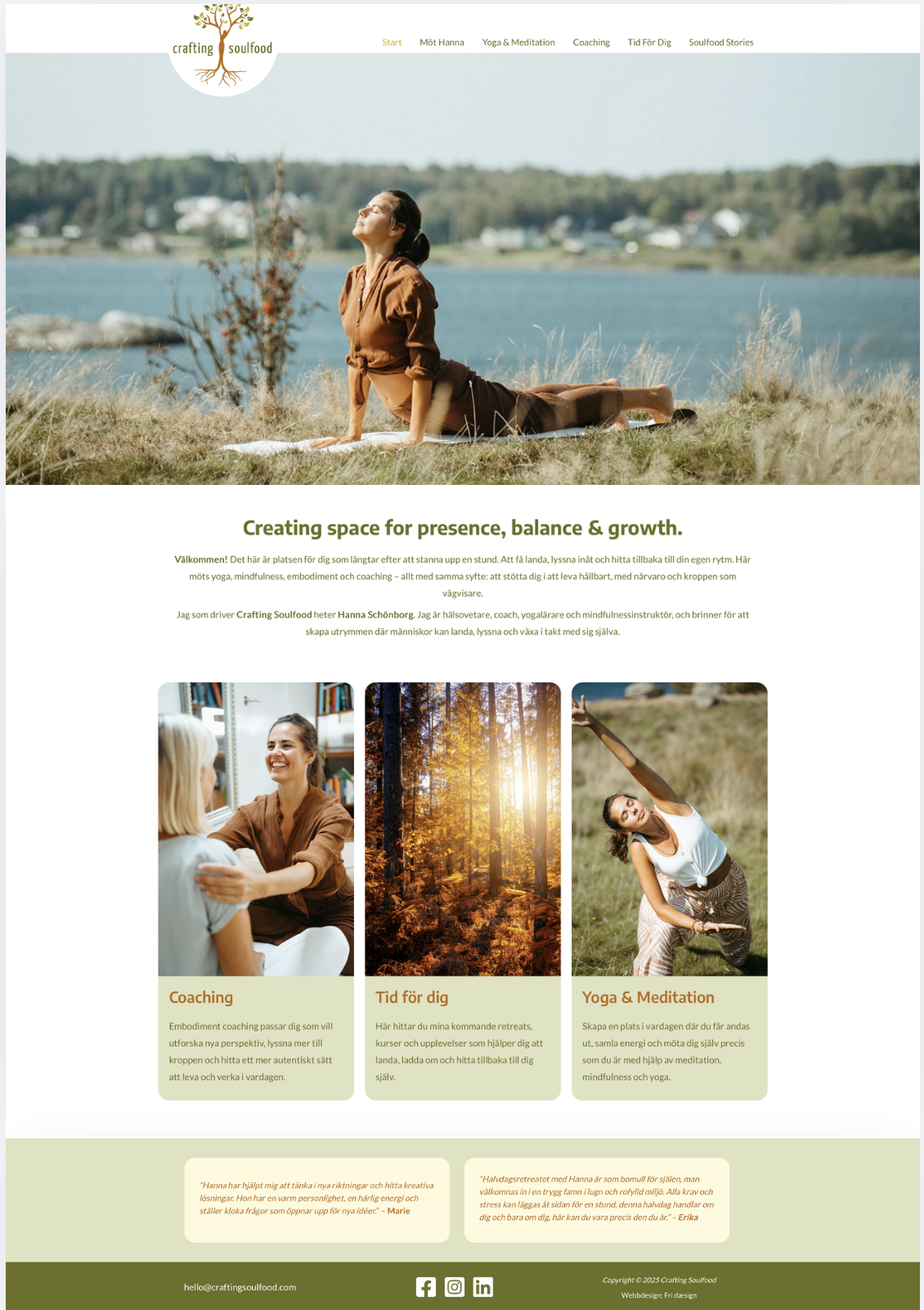 A woman practicing yoga outdoors near a lake, with trees and houses in the background, during which she is in a pose with her head tilted back and eyes closed, sun shining on her face.