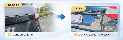 Car Tailgate Dent Before and after 5 Star review from very satisfied customer