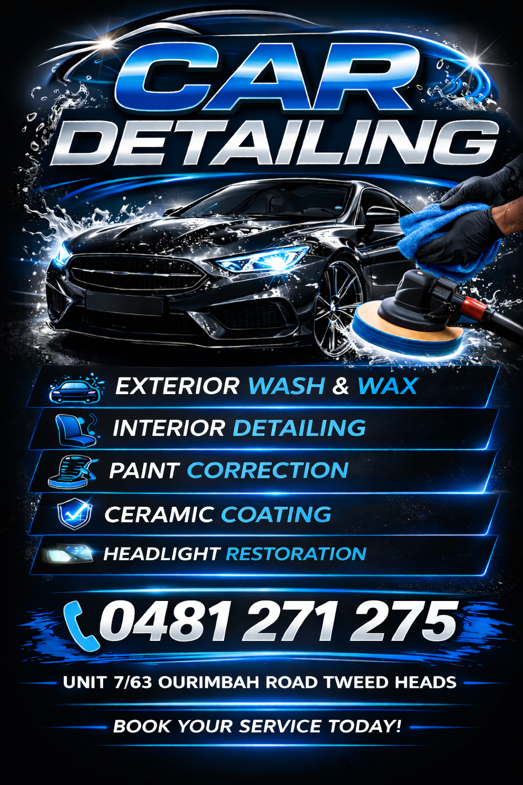 advertisement for car detailing services at Tweed Dent Repairs. Servicing aeas Tweed Heads Banora Point Coolangatta and Southern Gold Coast