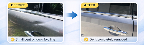 Front door crease line dent before and after photo from a review written by a very happy customer