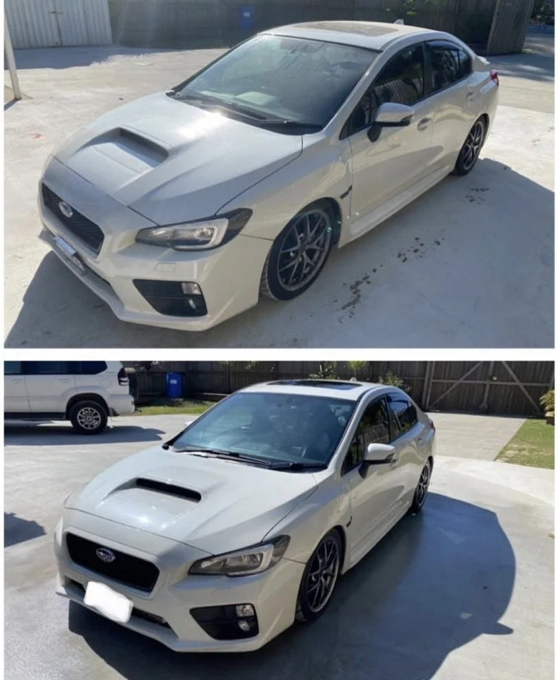 Side-by-side comparison of two white sedans parked outdoors, one in the top image and the other in the bottom image, both with similar body styles and features.