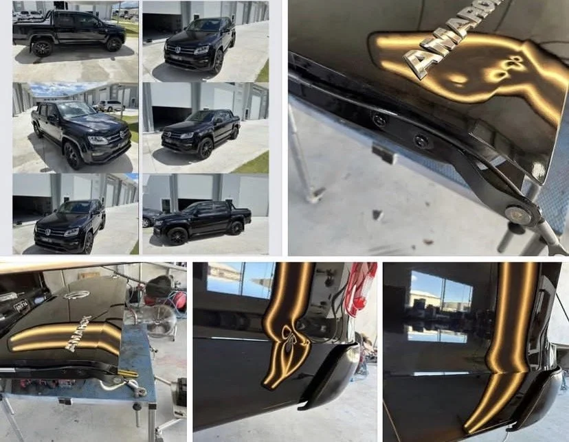A collage of six photos showing a black Volkswagen Amarok pickup truck, including outside views and images of the vehicle's painting process with gold-colored details.