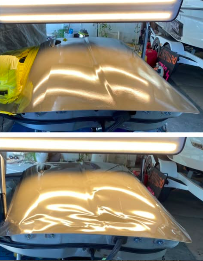 Comparison of a car hood before and after polishing, showing the transition from a dull, scratched surface to a shiny, reflective surface.