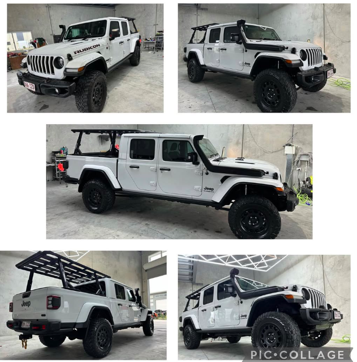 Collage of five images showing a white Jeep Gladiator pickup truck with black accents and off-road tires in a garage, displaying various angles including front, side, and rear views, with modifications like a roof rack and snorkel.