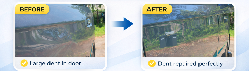 Large Door Dent Repaired before and after photo uploaded by a customer fro a 5 star review