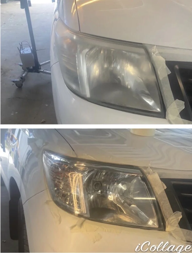 Comparison of a car's headlight before and after restoration, showing a foggy headlight in the top image and a clear, restored headlight in the bottom image.