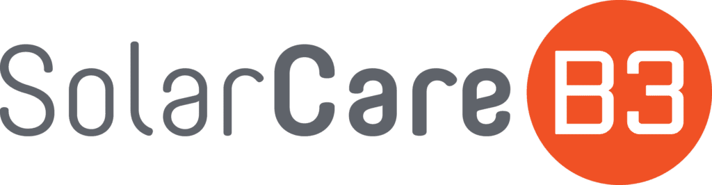 The logo for Solar Care B3, featuring the text 'Solar Care' in gray, with a large orange circle containing the white letters 'B3'.