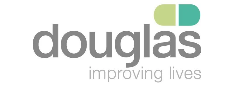 Logo of Douglas with the tagline 'improving lives' and a pill graphic in green and blue.