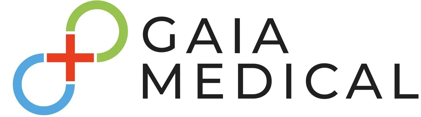 Logo of GAIA Medical with interconnected green, red, and blue circles and a red plus sign, and the words 'GAIA MEDICAL' in black.