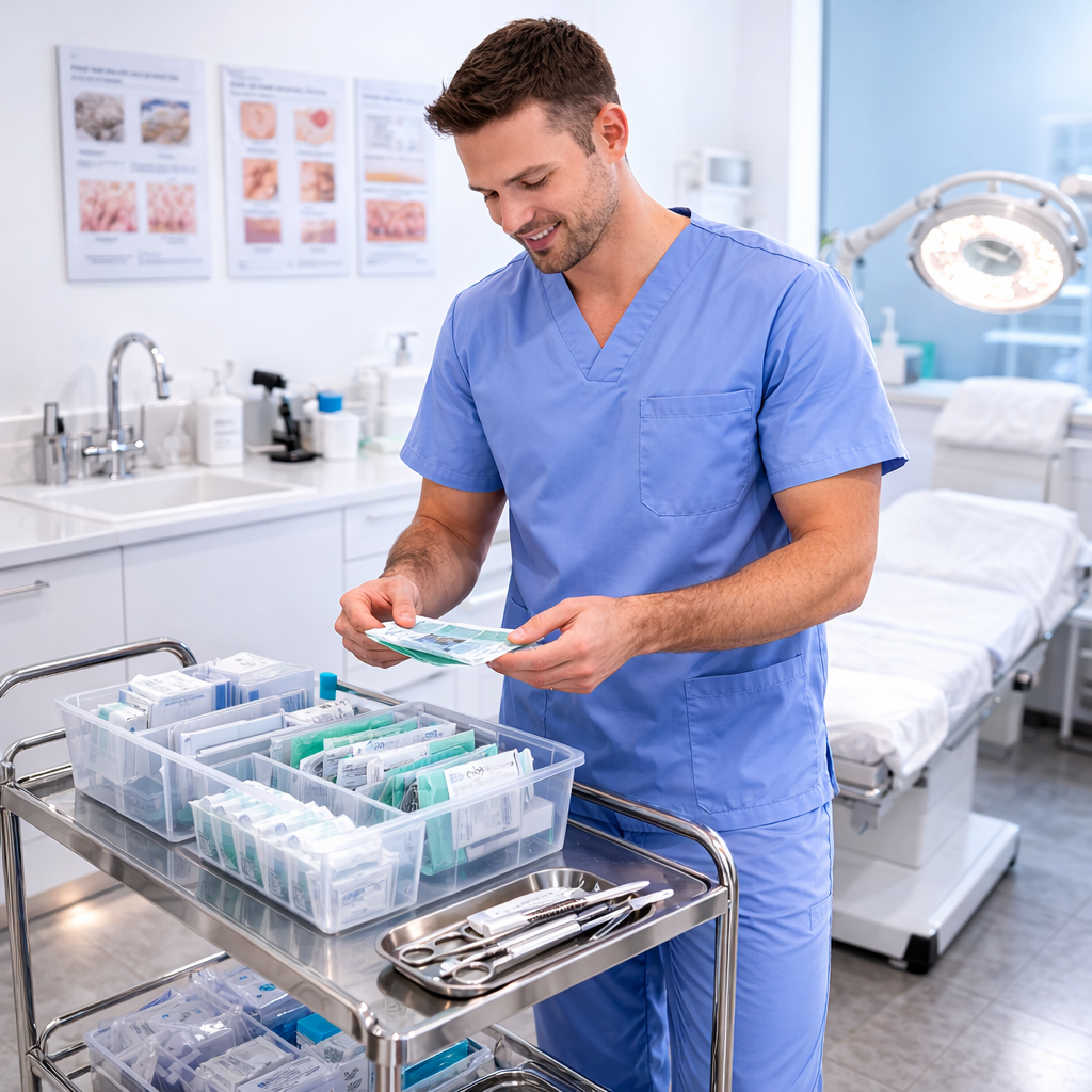 A healthcare professional in blue scrubs organizing medical supplies in a hospital room with a patient bed and medical equipment.