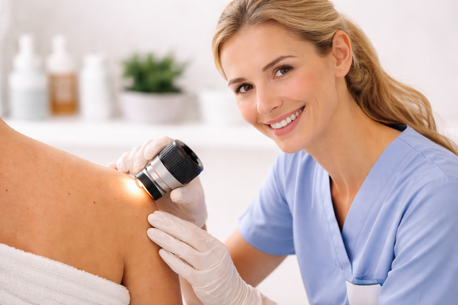 A healthcare professional performs a skin examination using a dermatoscope on a patient's shoulder, smiling at the camera.