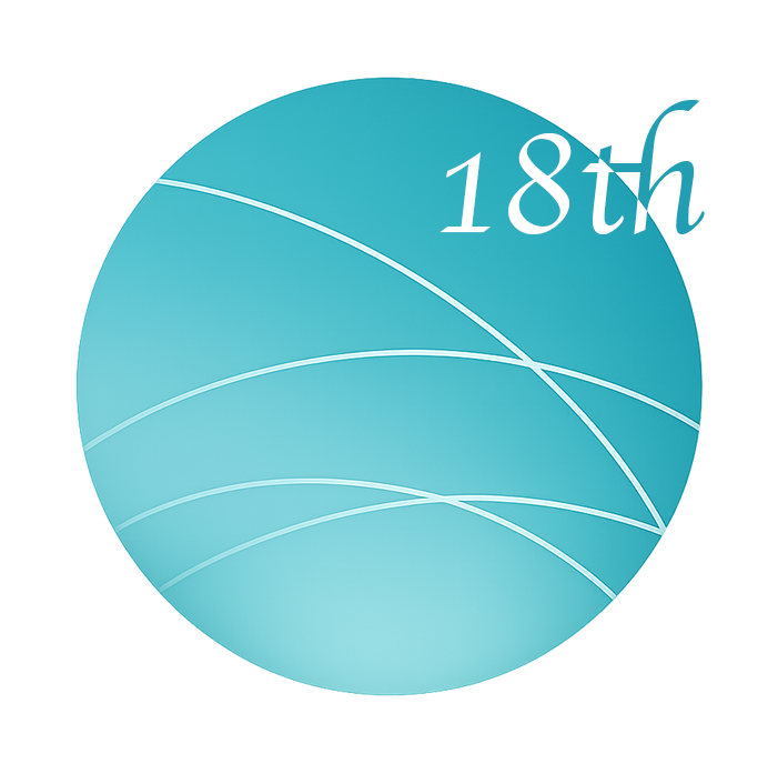 Close-up of a blue circular logo with white curved lines and partially visible white text '18t'.