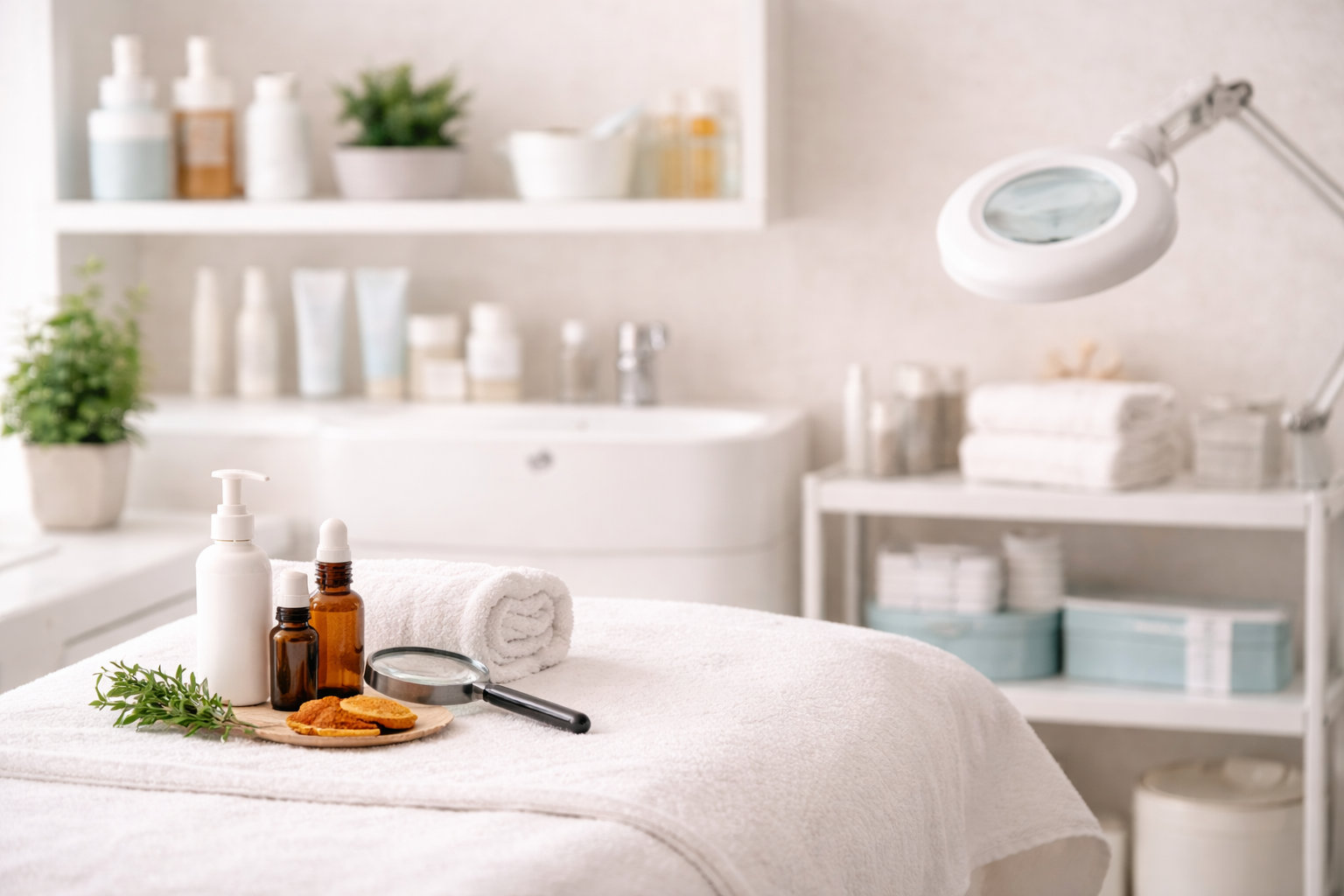A massage therapy room with a massage table covered in white towels. On the table, there are bottles of massage oils, a magnifying glass, a rolled towel, and some greenery. Background includes shelves with skincare products, a plant, and a work lamp.