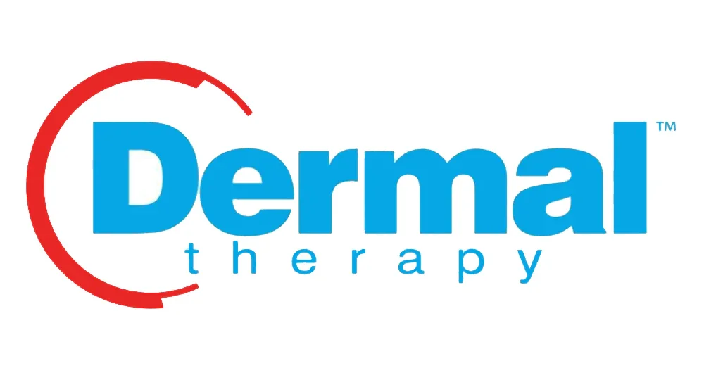 Logo for DermaL Therapy with the word 'DermaL' in large blue letters and 'therapy' below in smaller lowercase blue letters, featuring a red curved arrow encircling part of the text.