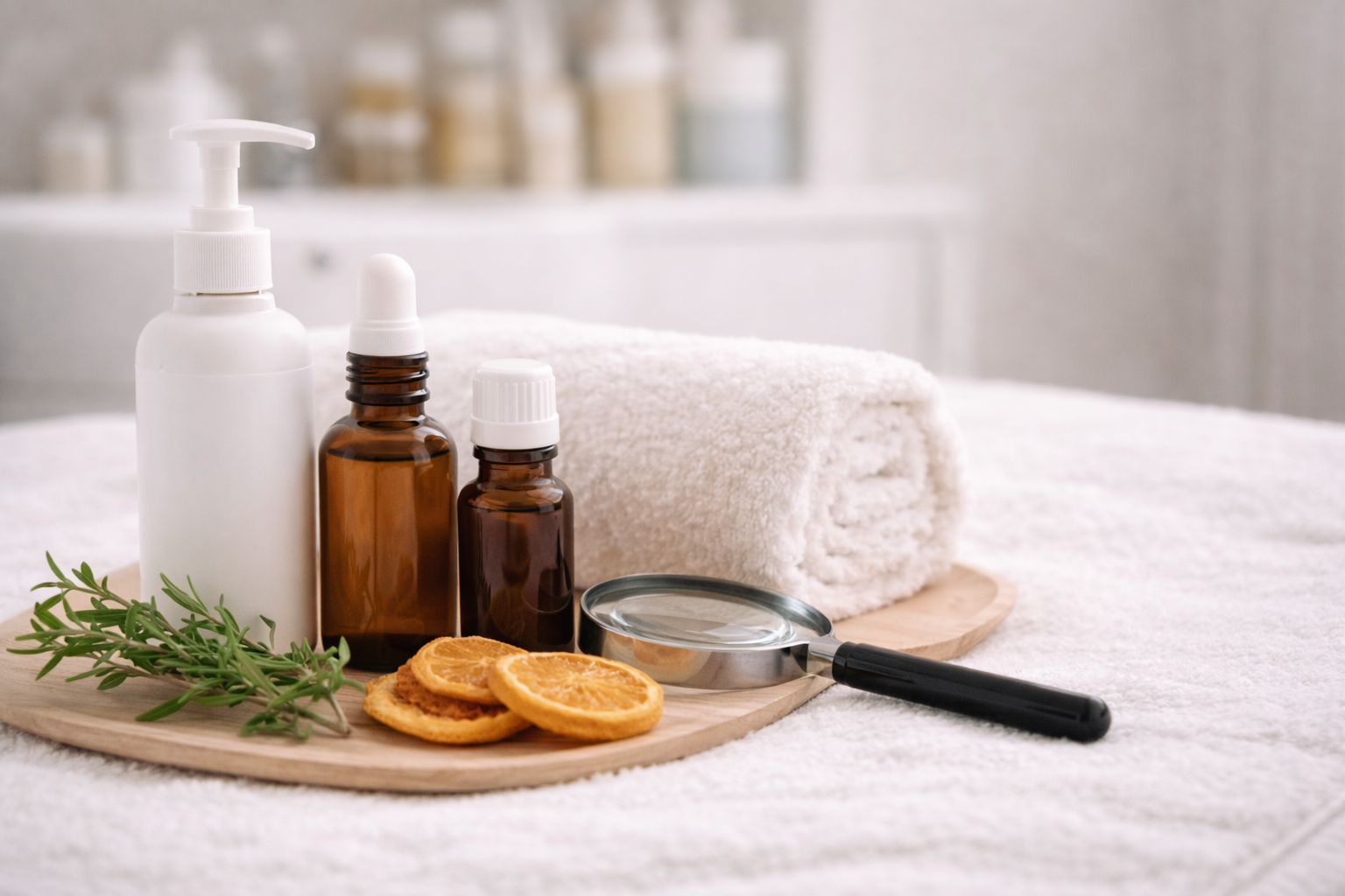A tray on a white towel holds two amber glass bottles with white and droplet caps, a white pump bottle, three slices of dried orange, a sprig of fresh rosemary, and a magnifying glass, with a rolled white towel in the background.