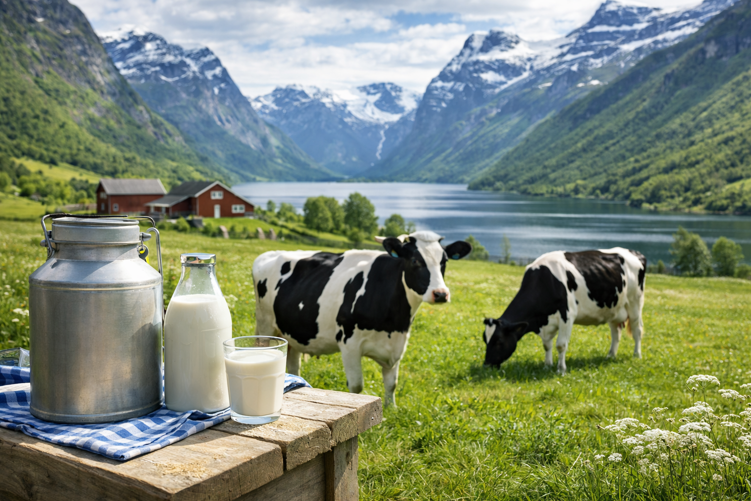 Kyr og melkeflasker foran norsk fjord og fjell som viser bærekraft og lokal natur. Råvarer til yoghurtproduksjon fra Det Norske Meieri.