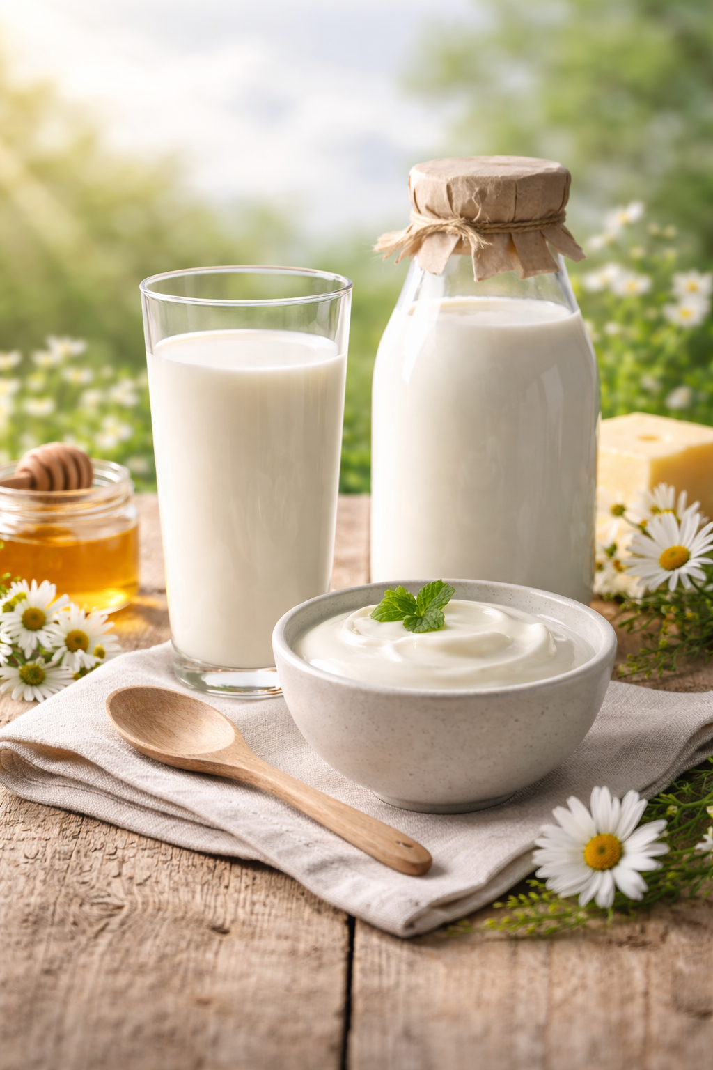 Skål med yoghurt, honning og friske blomster som illustrerer norsk råvarekvalitet. Økologisk yoghurt for norske markedet. Kvalitet og bærekraft fra norskproduserte produkter fra Lillehammer.